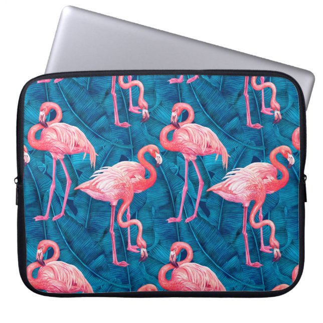 Capa Para Notebook Flamingos em folhas de banana azuis (Frente)