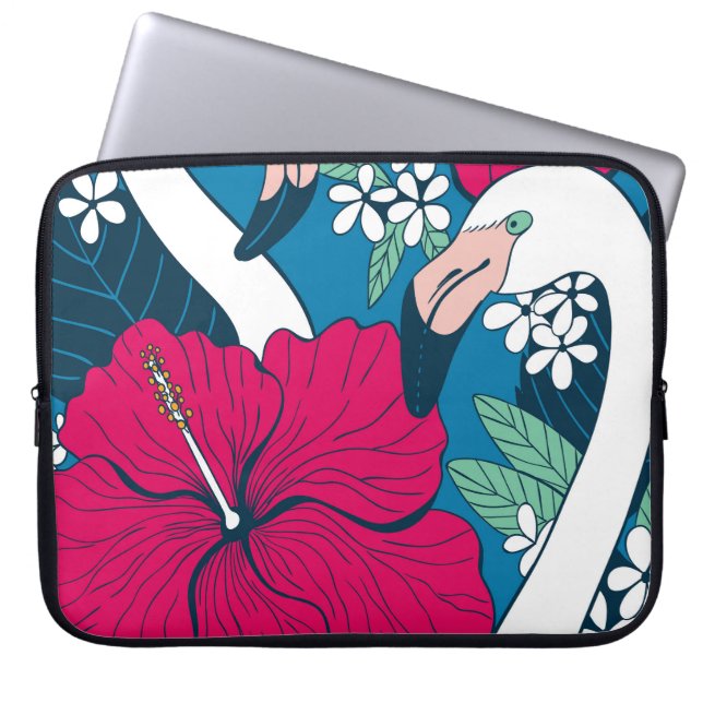 Capa Para Notebook Flamingos Tropicais: Fundo de Hibiscus Plumeria. (Frente)