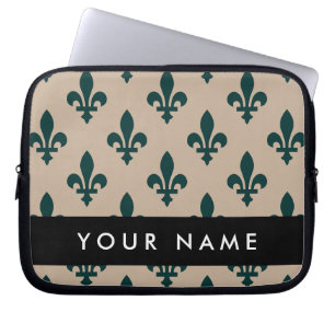 Capa Para Notebook Fleur de Lis, Verde sobre Bege, Real, Seu Nome