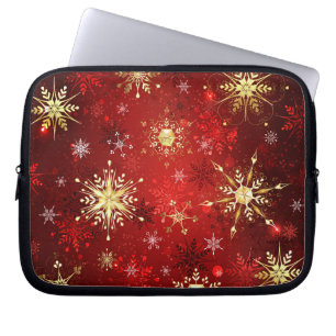 Capa Para Notebook Flocos de neve do Ouro de Natal em Fundo Vermelho