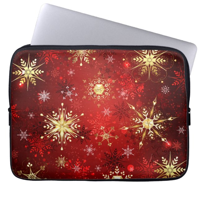 Capa Para Notebook Flocos de neve do Ouro de Natal em Fundo Vermelho (Frente)