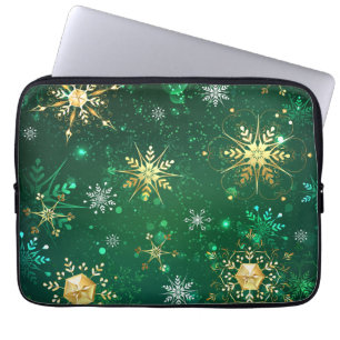Capa Para Notebook Flocos de neve do Ouro Xmas em fundo verde