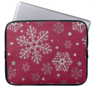 Capa Para Notebook Flocos de neve prateados em vermelho escuro