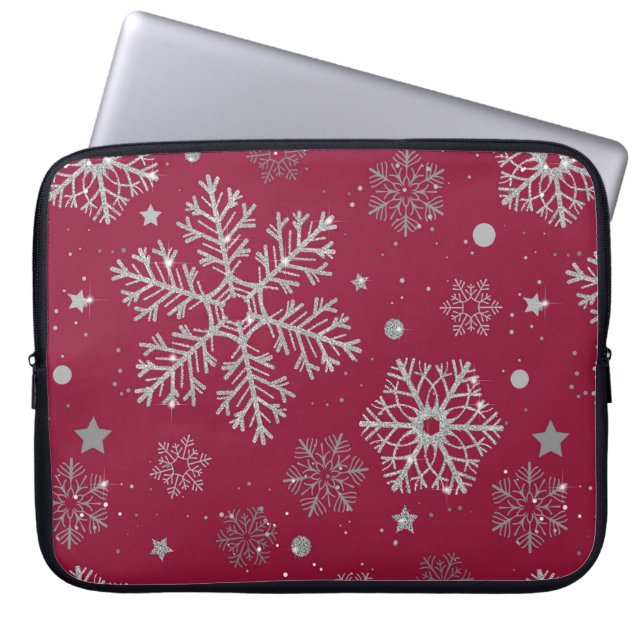 Capa Para Notebook Flocos de neve prateados em vermelho escuro (Frente)