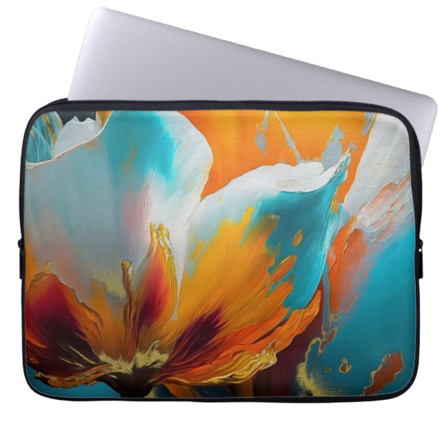 Capa Para Notebook Flor Abstrata em Laranja e Azul Turquesa (Frente)