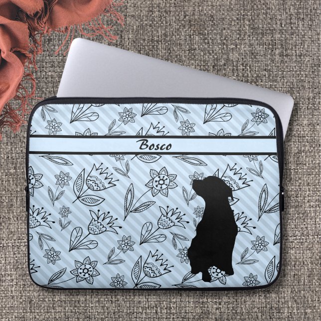 Capa Para Notebook Flor Azul Preto com Silhueta Canina (Criador carregado)