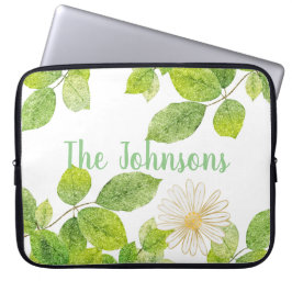Capa Para Notebook Flor Branco e Jardim de Folhas Verde