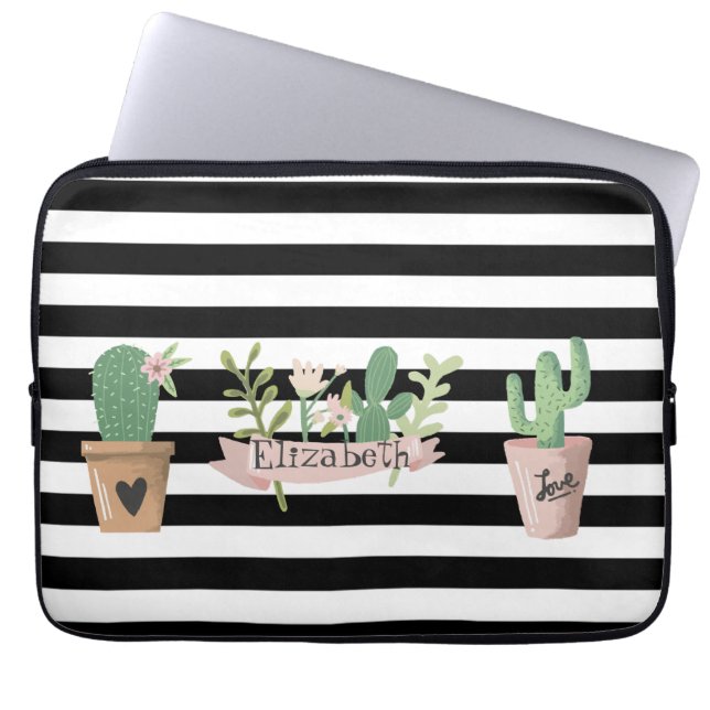 Capa Para Notebook Flor de Cacto Listras Pretas e Brancas (Frente)