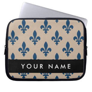 Capa Para Notebook Flor de Lis, Azul Marinho em Bege, Real, Seu Nome