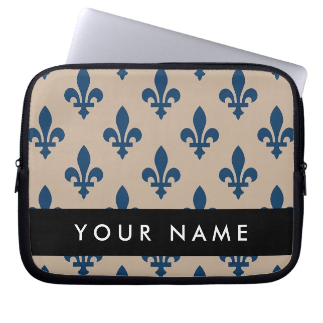 Capa Para Notebook Flor de Lis, Azul Marinho em Bege, Real, Seu Nome (Frente)