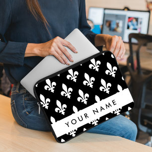 Capa Para Notebook Flor de Lis, Branco sobre Preto, Branco, Seu Nome