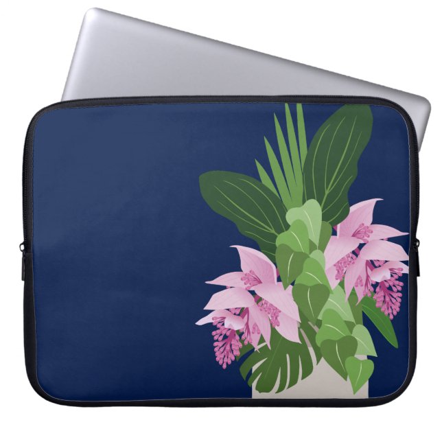 Capa Para Notebook Flor Rosa-Rosa-Medinilla Tropical Vase de Azul-Esc (Frente)