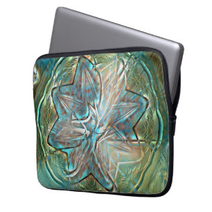 Capa Para Notebook Flor verde brilhante e azul na textura da garoa de