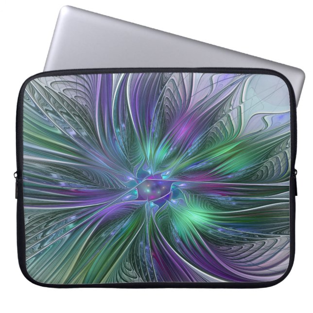Capa Para Notebook Flor Verde Roxo Moderna Abstrato de Arte Fractal (Frente)