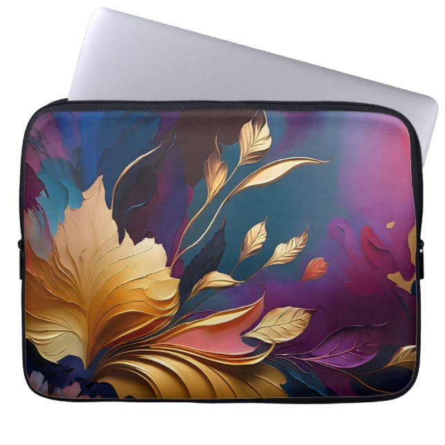 Capa Para Notebook Floração Dourada – Composição Floral Abstrata (Frente)
