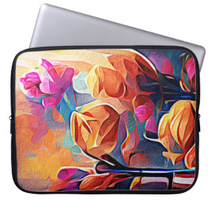 Capa Para Notebook Floral Abstrato Art Laranja Vermelho Azul Flores