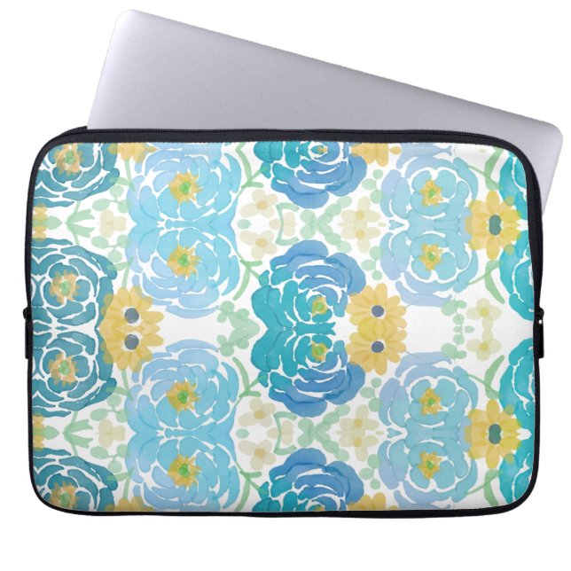 Capa Para Notebook Floral Aquarela Azul e Amarelo (Frente)