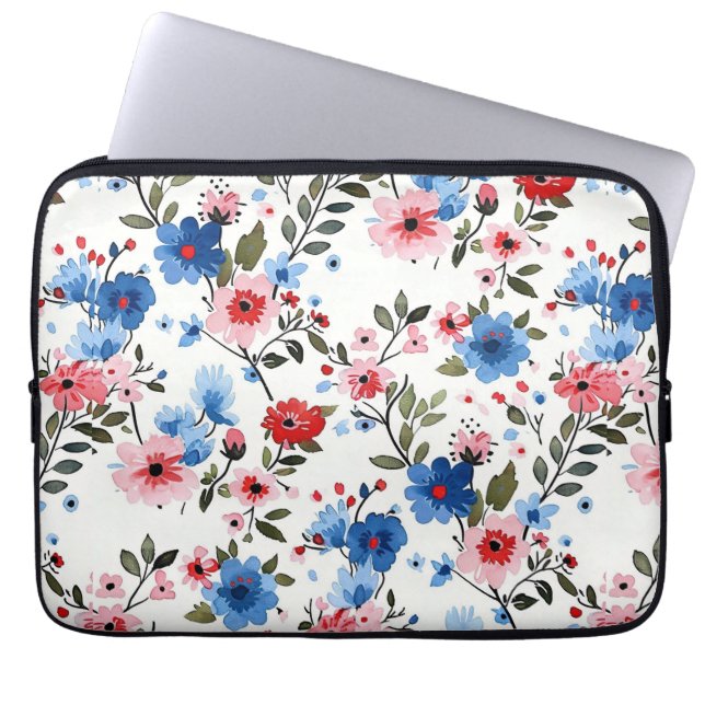 Capa Para Notebook Floral Azul e Vermelho (Frente)