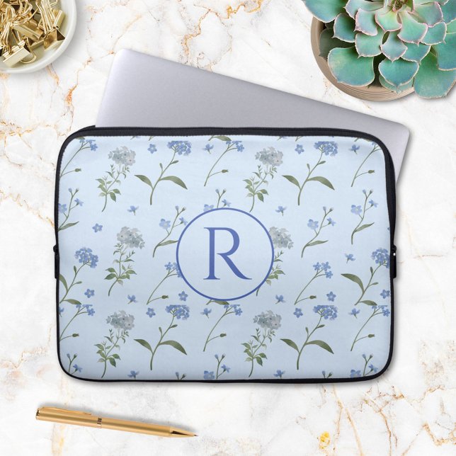 Capa Para Notebook Floral Azul Esquecido Monogramado em Aquarela  (In situ)