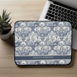 Capa Para Notebook Floral damasco azul vintage monograma toile de jou