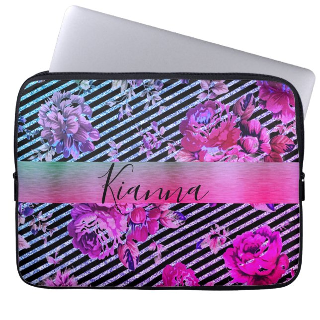 Capa Para Notebook Floral de Teal Rosa, Stripado, com Glittery (Frente)