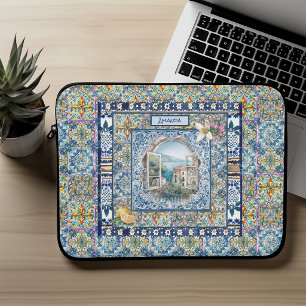 Capa Para Notebook floral italiano de verão azulejos azuis monograma
