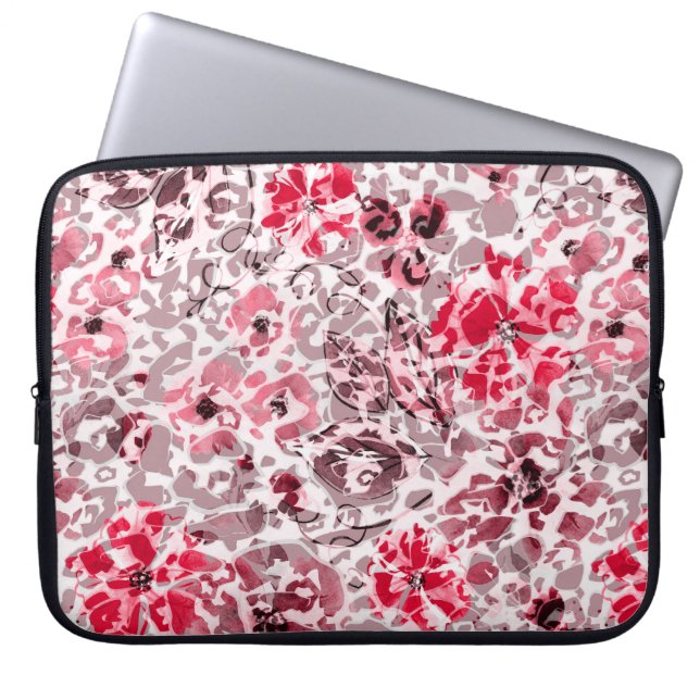 Capa Para Notebook Floral, leopardo, vermelho e branco, vermelho, bra (Frente)