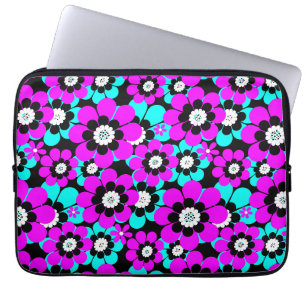 Capa Para Notebook Floral Neon Patterno Roxo e Flores Turquesas