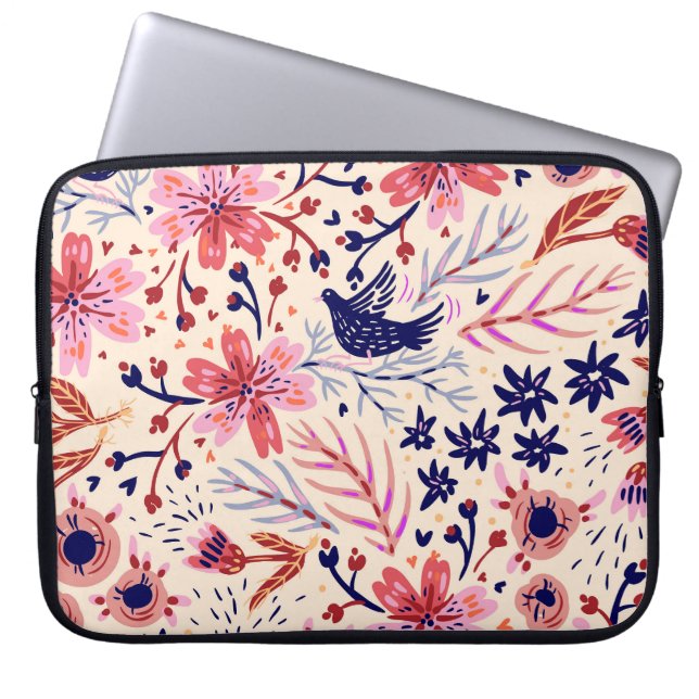Capa Para Notebook Floral, pássaros, padrão contínuo de colheita. (Frente)