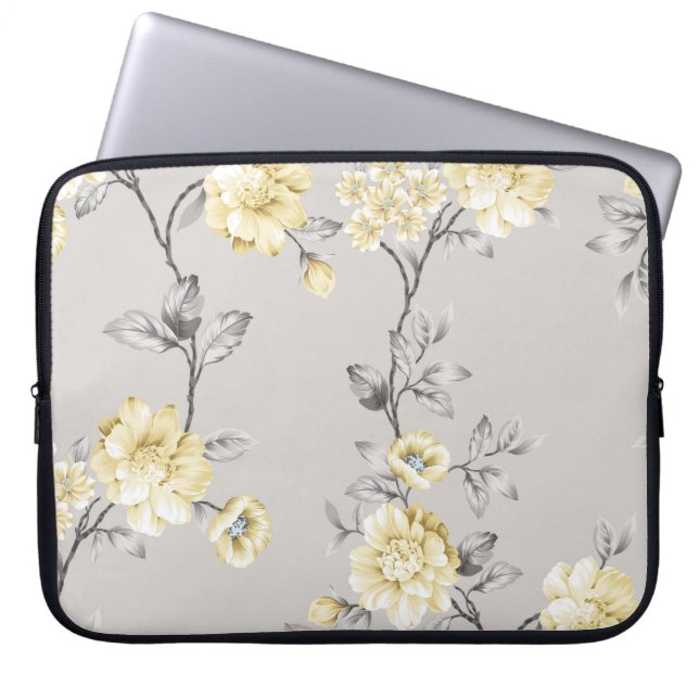 Capa Para Notebook flores amarelas bonitas com padrão de folhas de ci (Frente)