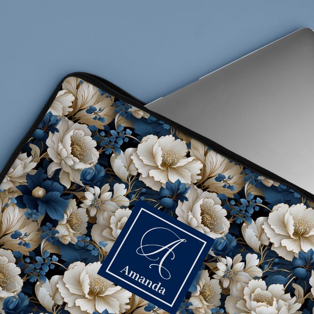 Capa Para Notebook Flores Azuis Designer Chic Estojo Capinha para Lap (Designer Blue Flowers Chic Laptop Sleeve Case)