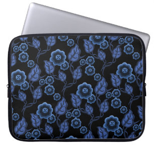 Capa Para Notebook Flores azuis, folhas azuis, Folha de arte/preto