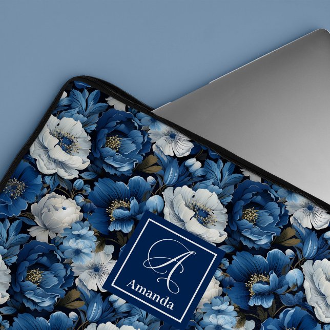 Capa Para Notebook Flores Azuis Modernas Estojo de Laptop Floral Eleg (Modern Blue Flowers Elegant Floral Laptop Sleeve Case)