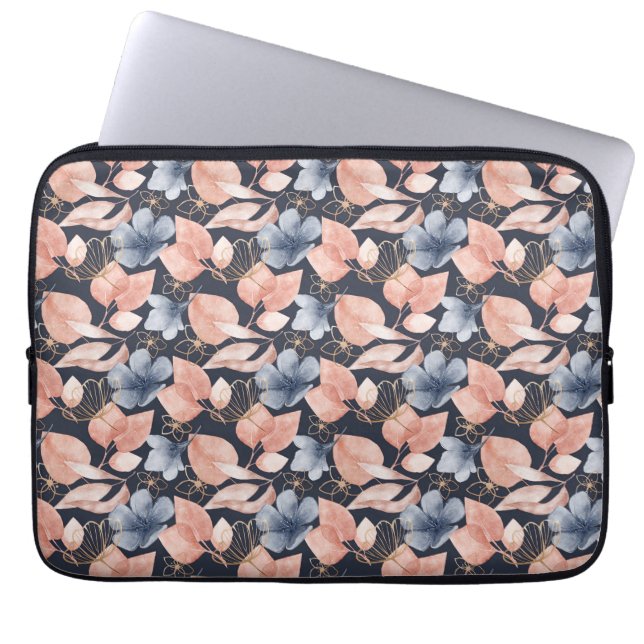 Capa Para Notebook Flores Azuis, Pêssego e Douradas Arte Botânica Ele (Frente)