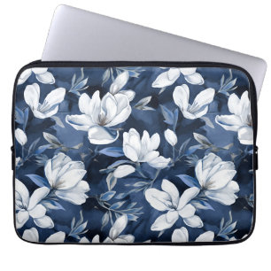 Capa Para Notebook Flores Brancas da Magnolia, Fundo Azul