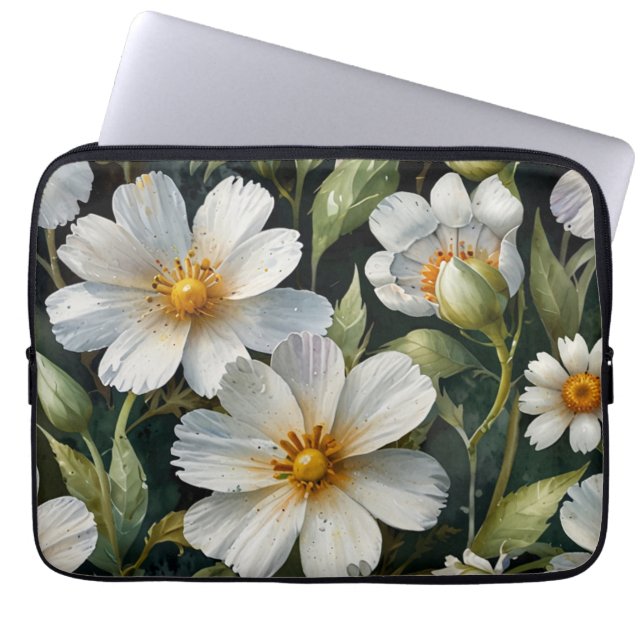 Capa Para Notebook Flores Brancas Lindas Elegantes Aquarela Chic (Frente)