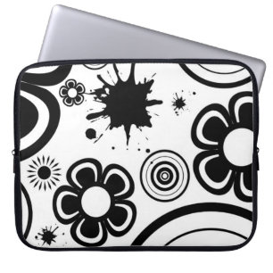 Capa Para Notebook Flores caprichosas em preto e branco, círculos, re