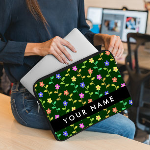 Capa Para Notebook Flores Coloridas, Fundo Verde, Preto