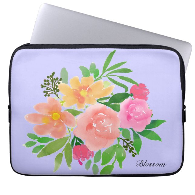 Capa Para Notebook Flores cor-de-rosa aquarela & folhas verdes (Frente)