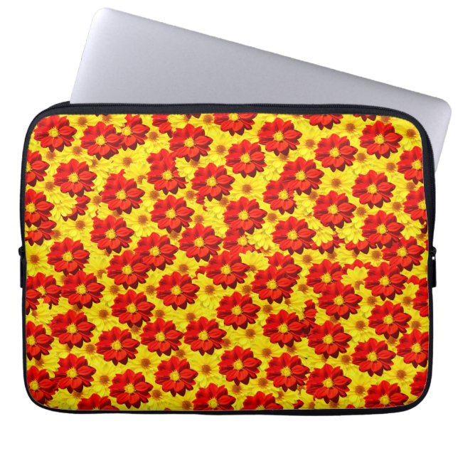 Capa Para Notebook Flores da dália vermelha e amarela (Frente)