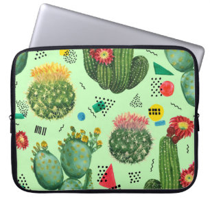 Capa Para Notebook Flores De Cactus: Fundo Geométrico De Aquarela.