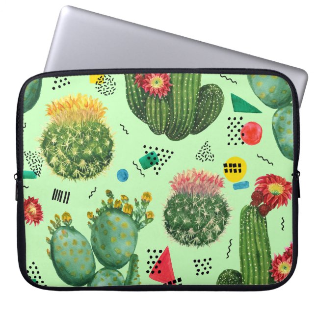 Capa Para Notebook Flores De Cactus: Fundo Geométrico De Aquarela. (Frente)