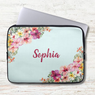 Capa Para Notebook Flores de Hibisco Rosa Monograma Floral Tropical