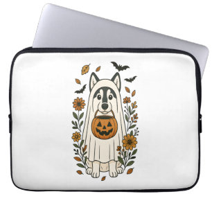 Capa Para Notebook Flores de Husky Siberiano de Halloween