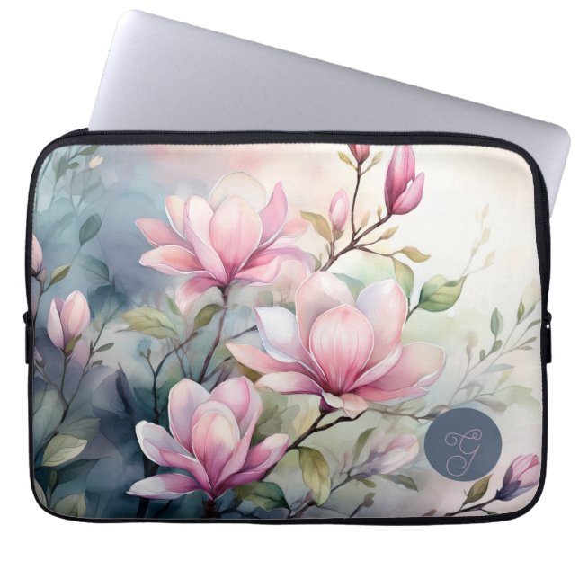 Capa Para Notebook Flores de Magnólia Rosa Botânico Monogramado (Frente)