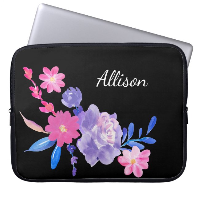 Capa Para Notebook Flores De Monograma, Preto, Cinza-Rosa, Bonitas E  (Frente)