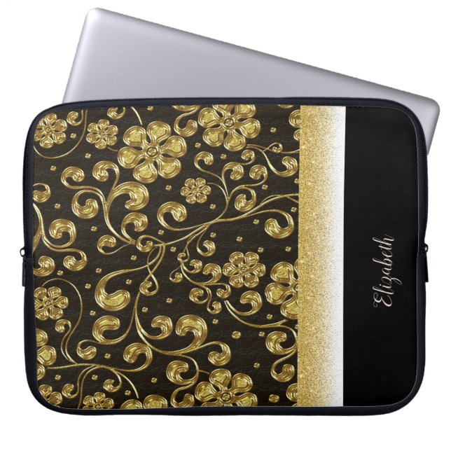 Capa Para Notebook Flores de Ouro Elegantes, Brilho, Preto - Personal (Frente)