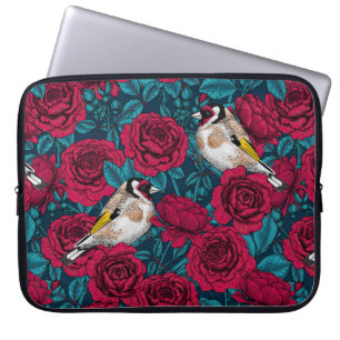 Capa Para Notebook Flores de rosa vermelha e aves-pintadas