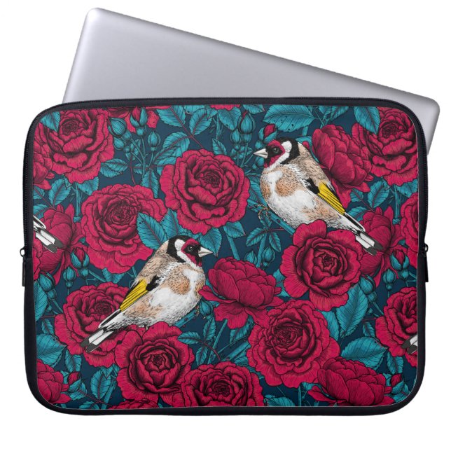 Capa Para Notebook Flores de rosa vermelha e aves-pintadas (Frente)