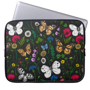 Capa Para Notebook Flores e borboletas selvagens a preto